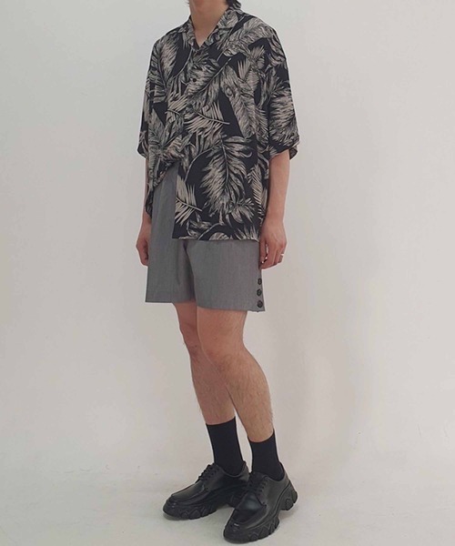 NO NEED シャツ リーフ柄オープンカラーシャツ ビッグシルエット