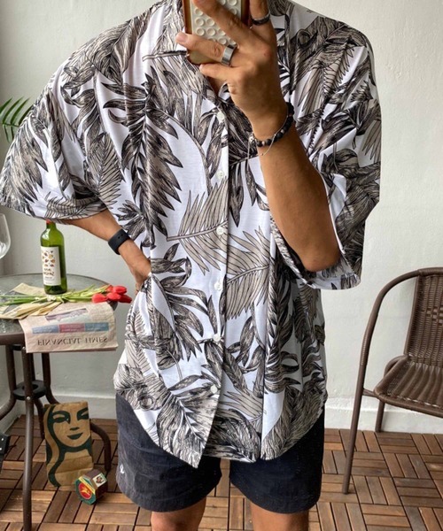 メンズ リーフ柄シャツ 大きめ ビッグシルエット ルーズ K00174 NO NEED シャツ リーフ柄オープンカラーシャツ ビッグシルエット