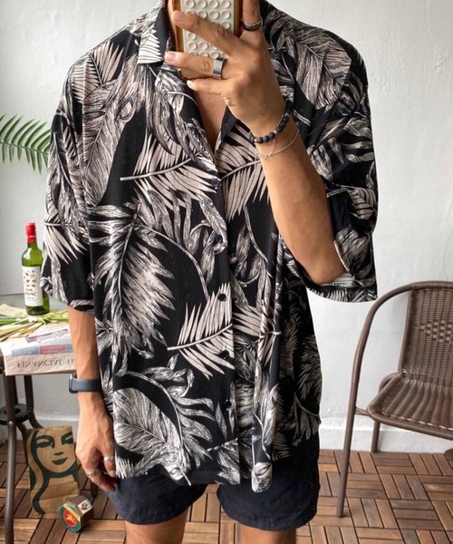 メンズ リーフ柄シャツ 大きめ ルーズ 肩落ち H00066 NO NEED シャツ リーフ柄オープンカラーシャツ ビッグシルエット