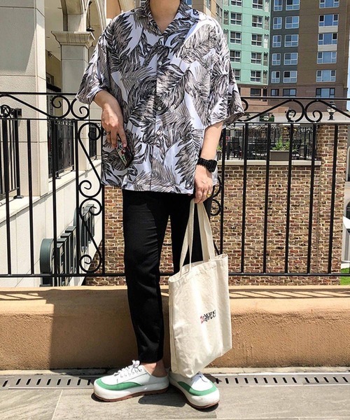 メンズ リーフ柄シャツ カジュアル ビッグシルエット J00250 NO NEED シャツ リーフ柄オープンカラーシャツ ビッグシルエット