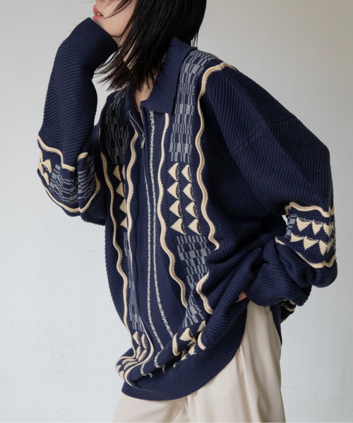 ニット セーター ハーフジップ柄オーバーニット「ユニセックス