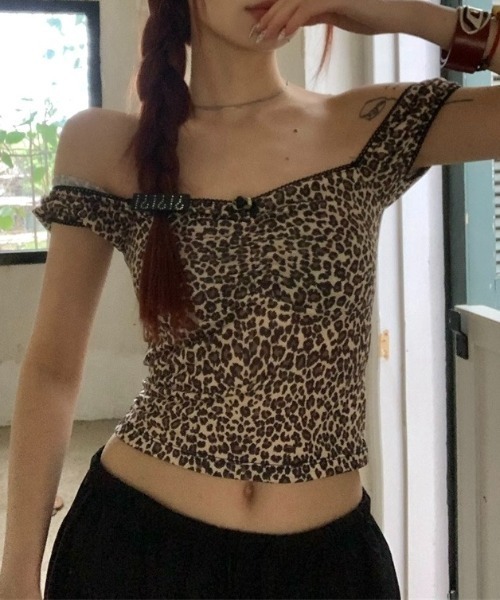 LADY LIKE tシャツ 胸ギャザーレオパード柄トップス レディース