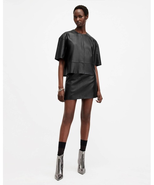 tシャツ RENAI SHORT SLEEVE LEATHER T-SHIRT | RENAI 半袖 レザー Tシャツ レディース AllSaints Women's Renai Short Sleeve Leather T-Shirt, Black