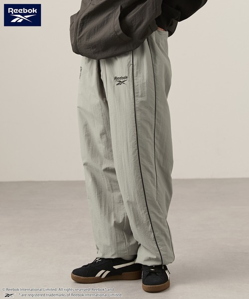 reebok ナイロンパンツ ホワイト/ネイビー サイドストライプ L