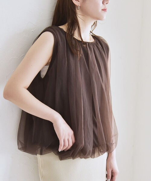 tシャツ quaranciel:「手洗い可能」チュール バルーン ノースリーブ プルオーバー レディース