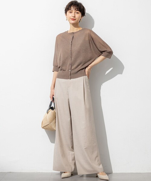 カーディガン 「前後着用可能/洗える」シャイニーシアー 5分袖