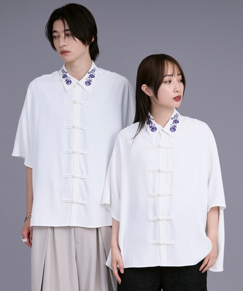 Ellno Loset シャツ フラワー刺繍チャイナドルマンシャツ メンズ