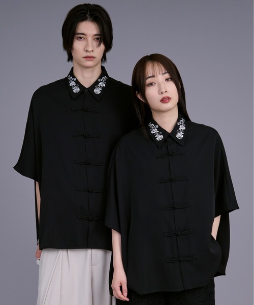 Ellno Loset（エルノロゼット） シャツ 半袖 フラワー刺繍チャイナ