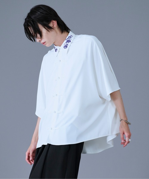 Ellno Loset シャツ フラワー刺繍チャイナドルマンシャツ メンズ