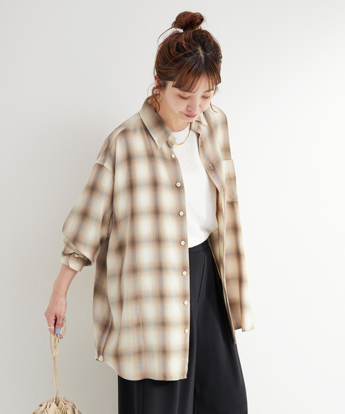 B&amp;B コットンリネン チェックブラウス ベージュ 再入荷】チェックブラウス(ベージュ) - seventen