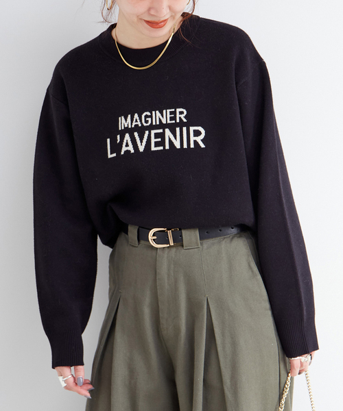 【新品】レザレクション メニーロゴ セーター サイズＬ　ブラック レディース SHOO・LA・RUE（シューラルー） ニット セーター 「洗える/S-LL