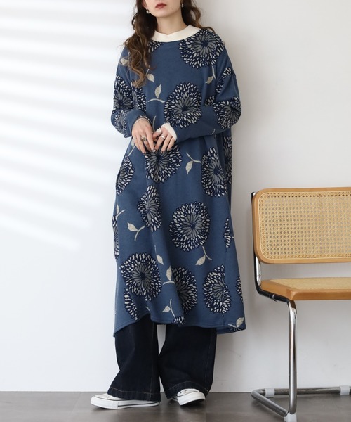 大きいサイズAverardo Bessi ネイビー花柄長袖ワンピース BARNDOOR（バーンドア） ワンピース ニットソー ワンピース 長袖