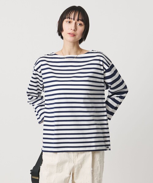 tシャツ 8分袖 イレギュラー ボーダー カットソー レディースの画像