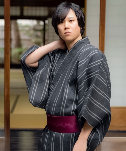 KIMONOMACHI 浴衣 メンズ浴衣3点セット（浴衣＋角帯＋腰紐）しじら生地
