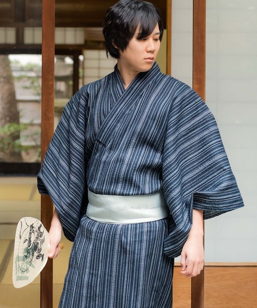 KIMONOMACHI 浴衣 メンズ浴衣3点セット（浴衣＋角帯＋腰紐）しじら生地