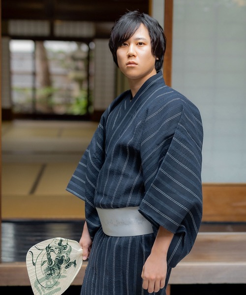 KIMONOMACHI 浴衣 メンズ浴衣3点セット（浴衣＋角帯＋腰紐）しじら生地