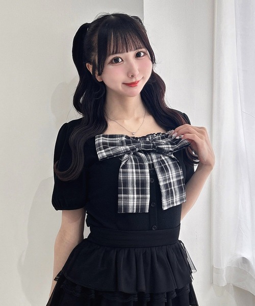 INGNI（イング） tシャツ 半袖 チェックリボンレイヤード風リブ