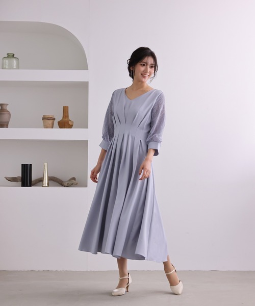 PourVous ドレス 結婚式ワンピースドレス袖ありとロングタック