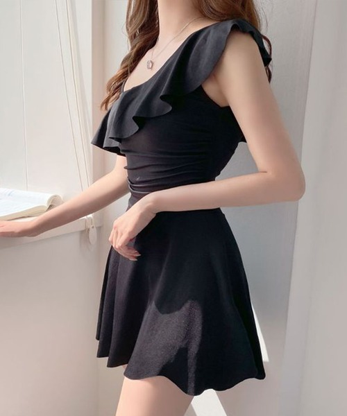 SEA NY★半袖フリルワンピーススイムウェア ブラック★送関込み Lace Ladies 水着 ラッフル フリル ワンショルダー風 スイム
