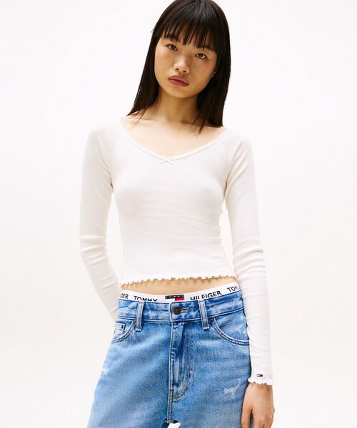 トミー ヒルフィガー   スリムVネックガーメントダイリブカットソー （ブルー） TOMMY JEANS tシャツ スリムVネックガーメントダイリブ