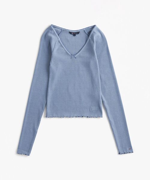 トミー ヒルフィガー   スリムVネックガーメントダイリブカットソー （ブルー） トミー ヒルフィガー TOMMY HILFIGER スリムVネックガーメント