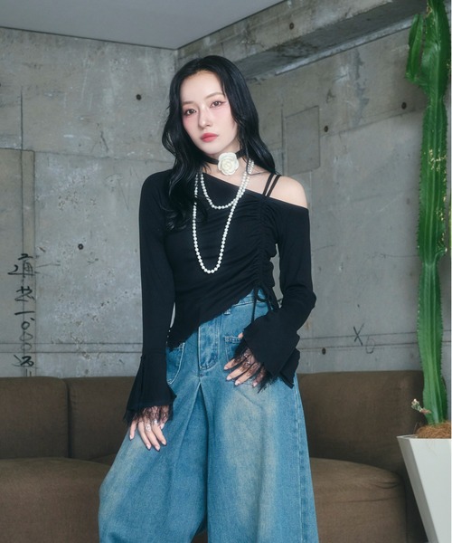 tシャツ ギャザーリボンリブトップス レディース