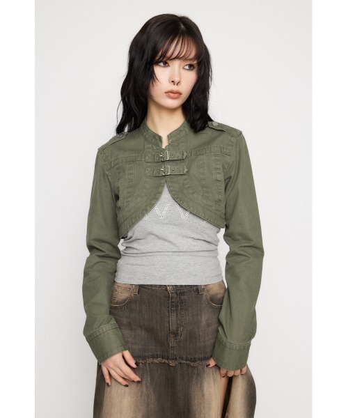 LAGUA GEM ミリタリー調 ショート丈ボレロ 長袖 カーキ LAGUA GEM（ラグアジェム） CROPPED BELT トップス レディース