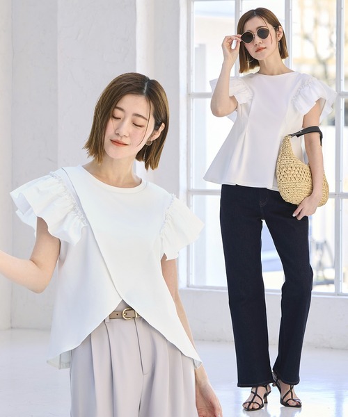 ブラウス シャツ 洗える ストレッチ ｜ 前後2way コンビネーション ウエストタック Tシャツ ｜ レディース フレンチスリーブ 半袖 フリル 体