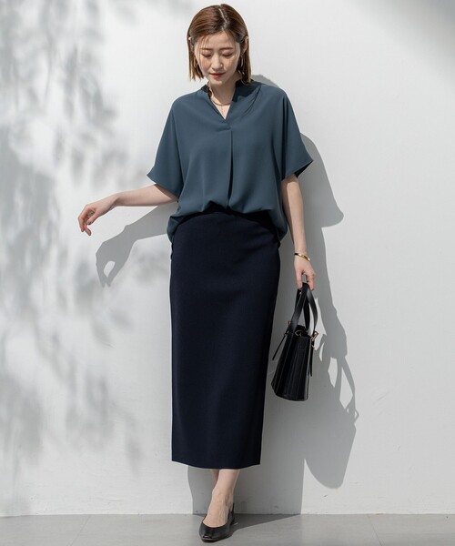 23区【UVカット/接触冷感】ストレッチジョーゼット バンドカラー カットソー 23区｜【吸水速乾/UVカット/接触冷感】ストレッチジョーゼット