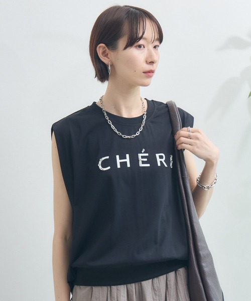 tシャツ パール付ロゴフレンチスリーブトップス レディース