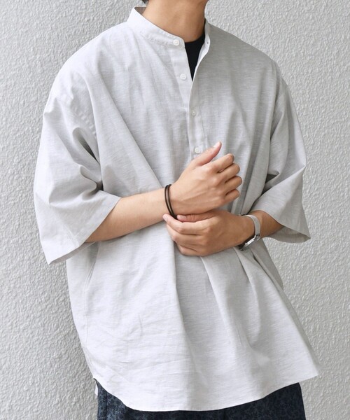 SHIPS any シャツ 半袖 any: コットン/リネン バンド スキッパー