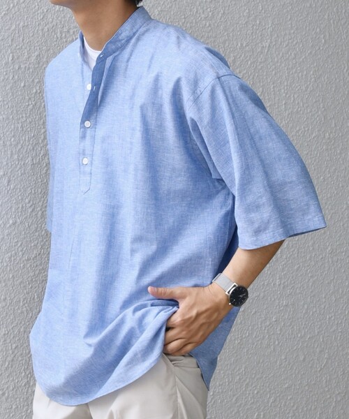 SHIPS any シャツ 半袖 any: コットン/リネン バンド スキッパー
