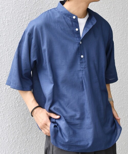 SHIPS any シャツ 半袖 any: コットン/リネン バンド スキッパー