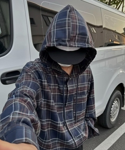 link lot シャツ フード付きダークチェックシャツ メンズ レディース
