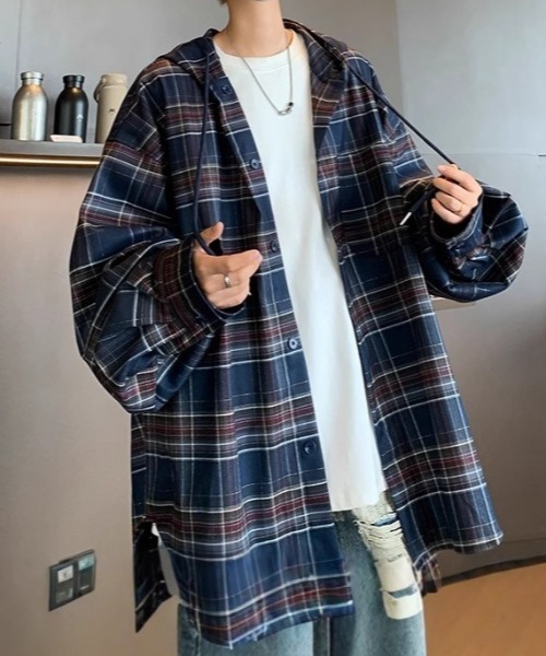link lot シャツ フード付きダークチェックシャツ メンズ レディース