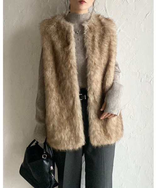She's Closet ベスト ジレ ノーカラーミドル丈ボリュームフェイク