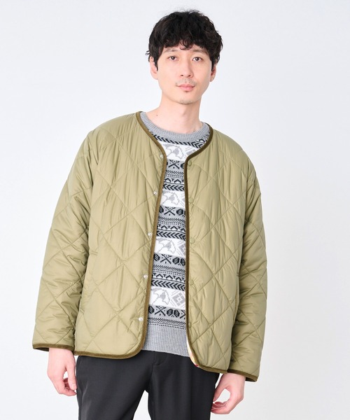 ダーマコレクション極美品ノーカラーラムレザーキルティングジャケット 極美品 ダーマコレクション キルティングジャケット ロング カーキ M