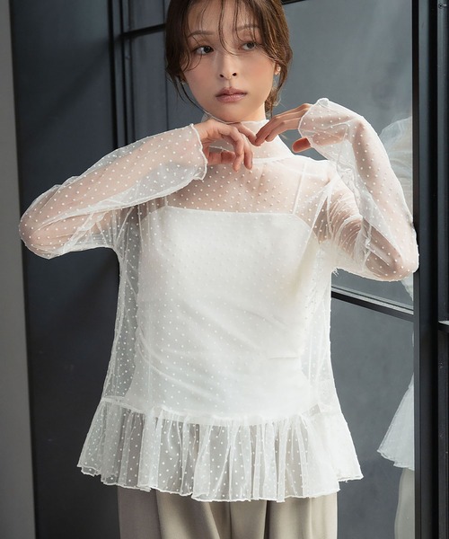 LOWO tシャツ シースルートップス 長袖 ハイネック カットソー 黒