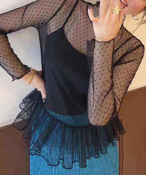 LOWO tシャツ シースルートップス 長袖 ハイネック カットソー 黒