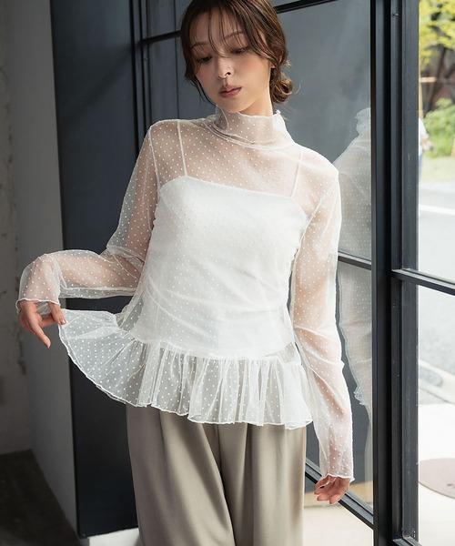 LOWO tシャツ シースルートップス 長袖 ハイネック カットソー 黒