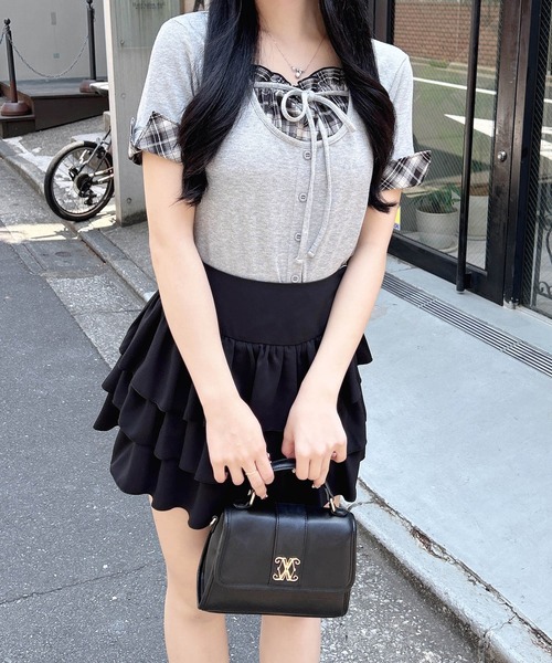 INGNI（イング） tシャツ 半袖 チェックレイヤード風リブトップス
