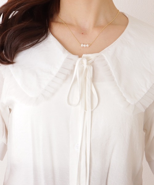 トップス レディース ブラウス シャツ 半袖 スカラップレース パフスリーブ フェミニン 可愛い 春夏秋 Lace Ladies ブラウス シャツ リボン付き ビッグカラー