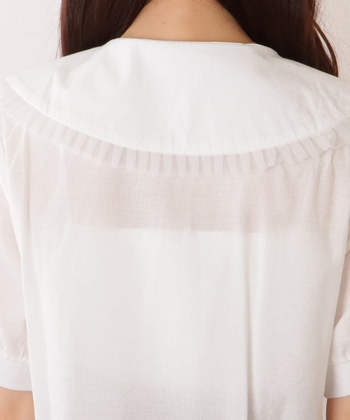 トップス レディース ブラウス シャツ 半袖 スカラップレース パフスリーブ フェミニン 可愛い 春夏秋 Lace Ladies ブラウス シャツ リボン付き ビッグカラー