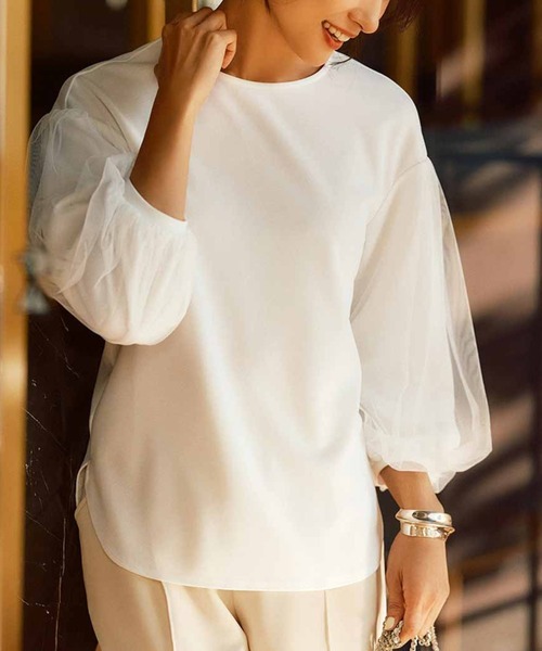 IEDIT tシャツ IEDIT チュールを重ねた袖が華やかなきれい