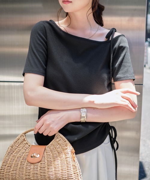 tシャツ ワンショルダーギャザートップス レディース tシャツ リボンストラップワンショルダー半袖ギャザートップス