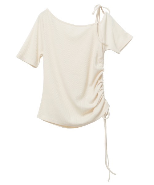 tシャツ リボンストラップワンショルダー半袖ギャザートップス