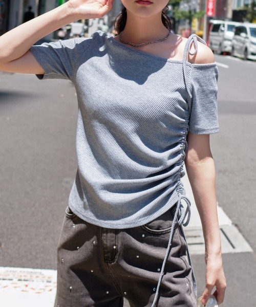 tシャツ ワンショルダーギャザートップス レディース tシャツ リボンストラップワンショルダー半袖ギャザートップス
