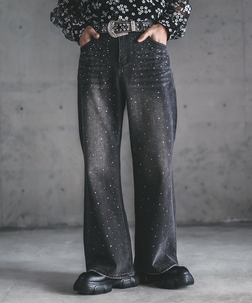 swarovski shine wide jeans ラメ加工　ワイドデニム Shoowtime ジーンズ シャイニーストーンラメデザインワイド