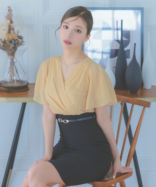 Tika ドレス キャバドレス ベルト付き半袖カシュクールシフォン