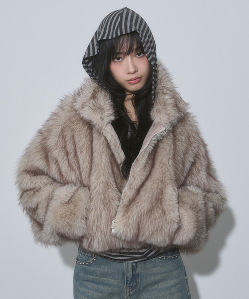 ENVYM ファーコート ENVYM ショールカラーフェイクファーコート ブラック -ファッション